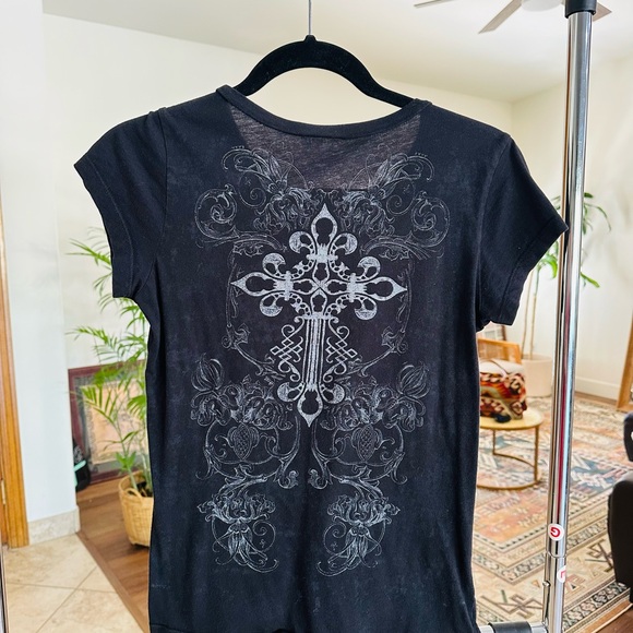 Y2K VOCAL Black Tee T Shirt with Embellished Cross on Front and Back Size Sm/M - Picture 4 of 5